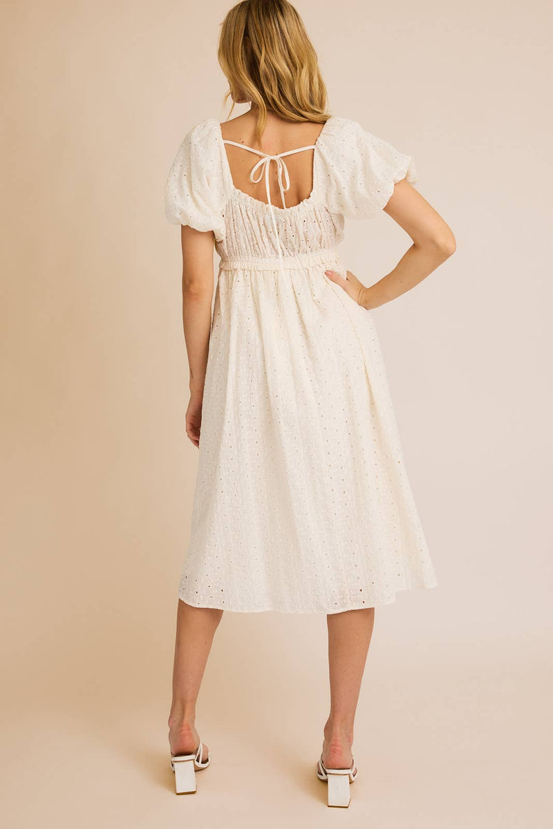 PUFF HALF SLEEVE EYELET MIDI DRESS