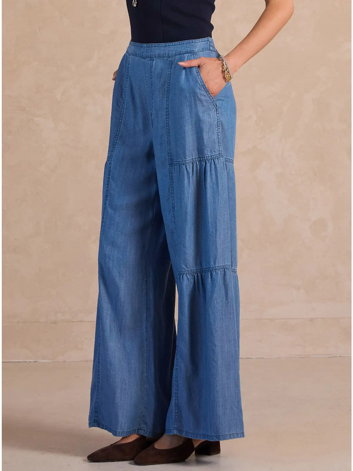 Chambray Tiered Wide Leg Pants