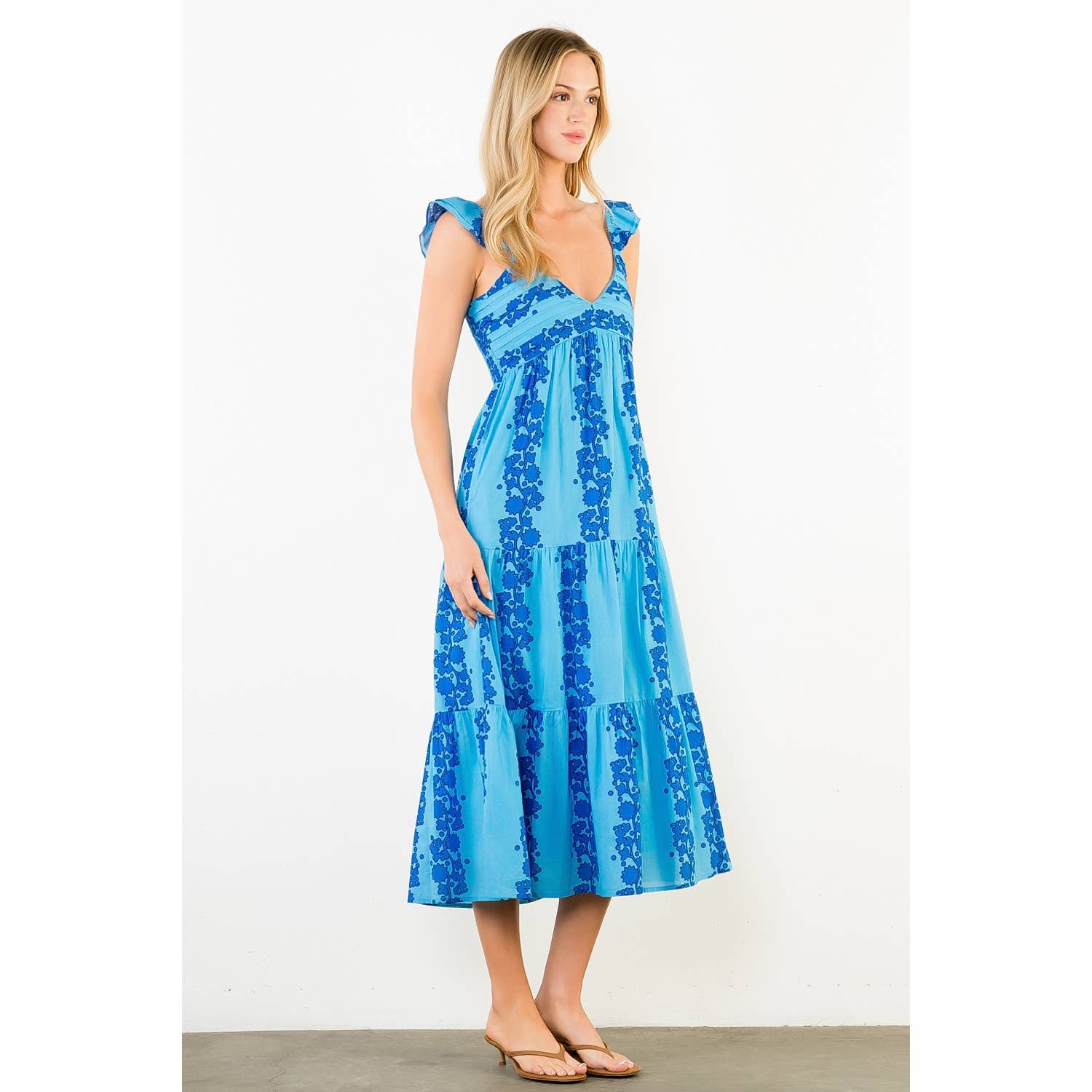 Flutter Sleeve Patterned Print Midi Dress