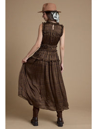 Plaid Ruffle Trim Smocked Maxi Dress