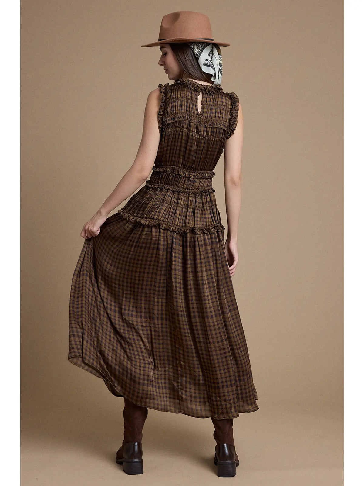 Plaid Ruffle Trim Smocked Maxi Dress