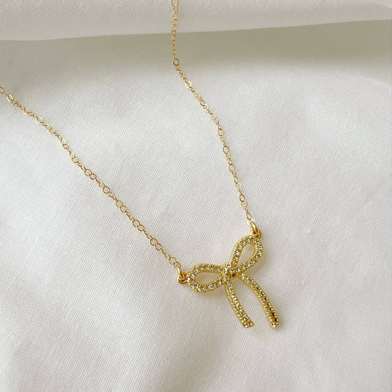 Bow Ribbon CZ Gold Filled Necklace