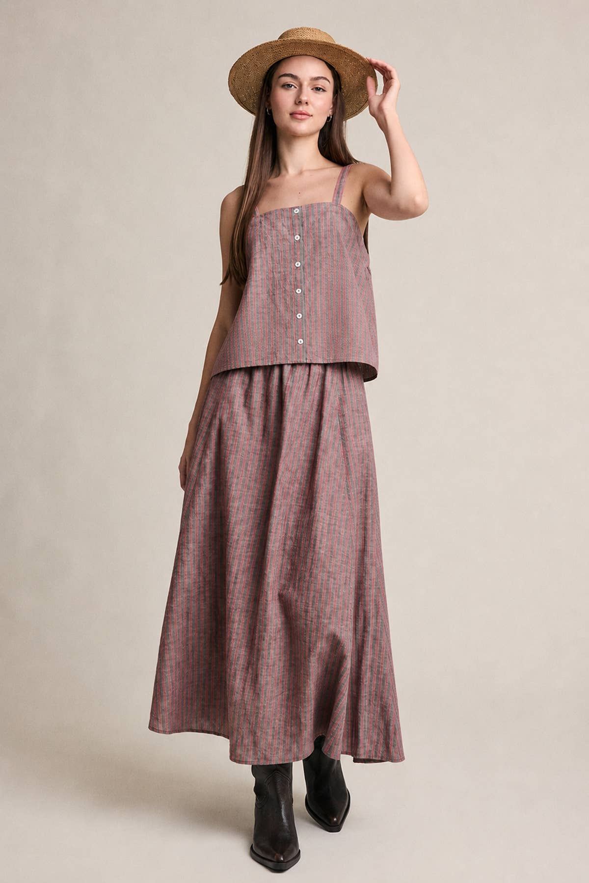 Striped Linen Blend Midi Skirt