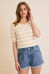 ROUND NECK HALF SLEEVE STRIPE RIBBED TOP