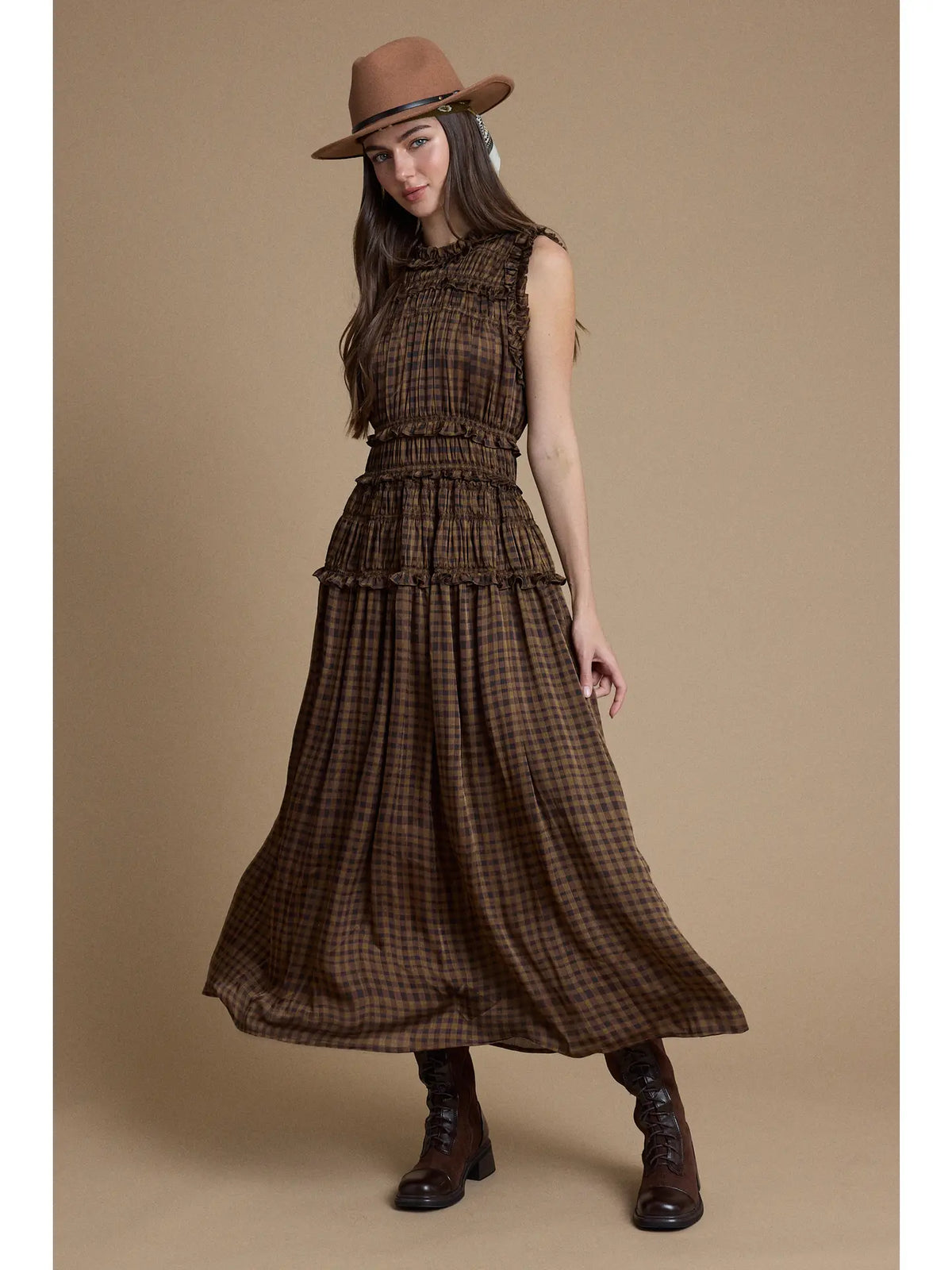 Plaid Ruffle Trim Smocked Maxi Dress