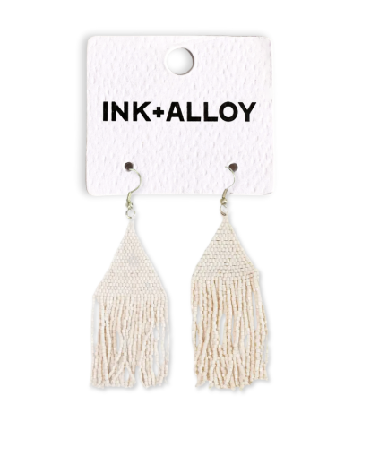 Lexie Solid Beaded Fringe Earrings Cream