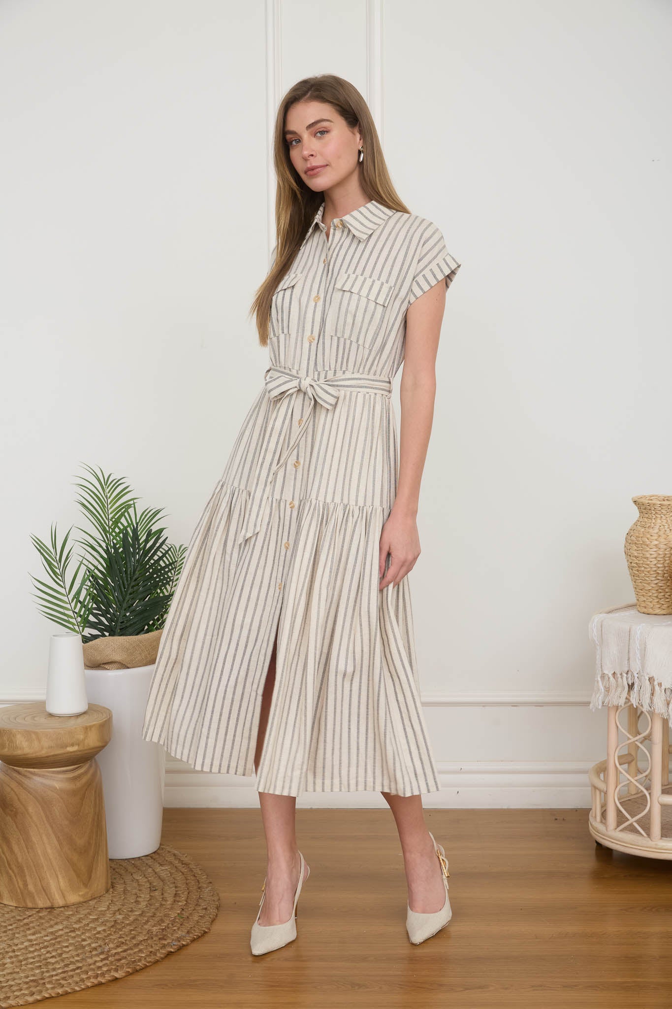 Stripe Linen Buttonup Shirt Dress