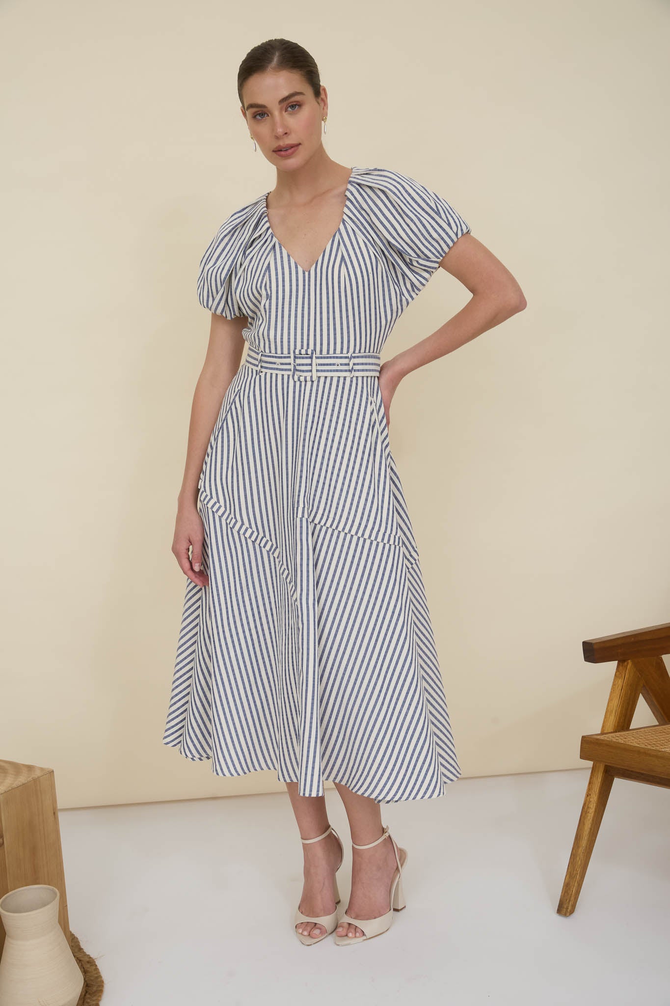 Navy Strip Puff Sleeve Dress