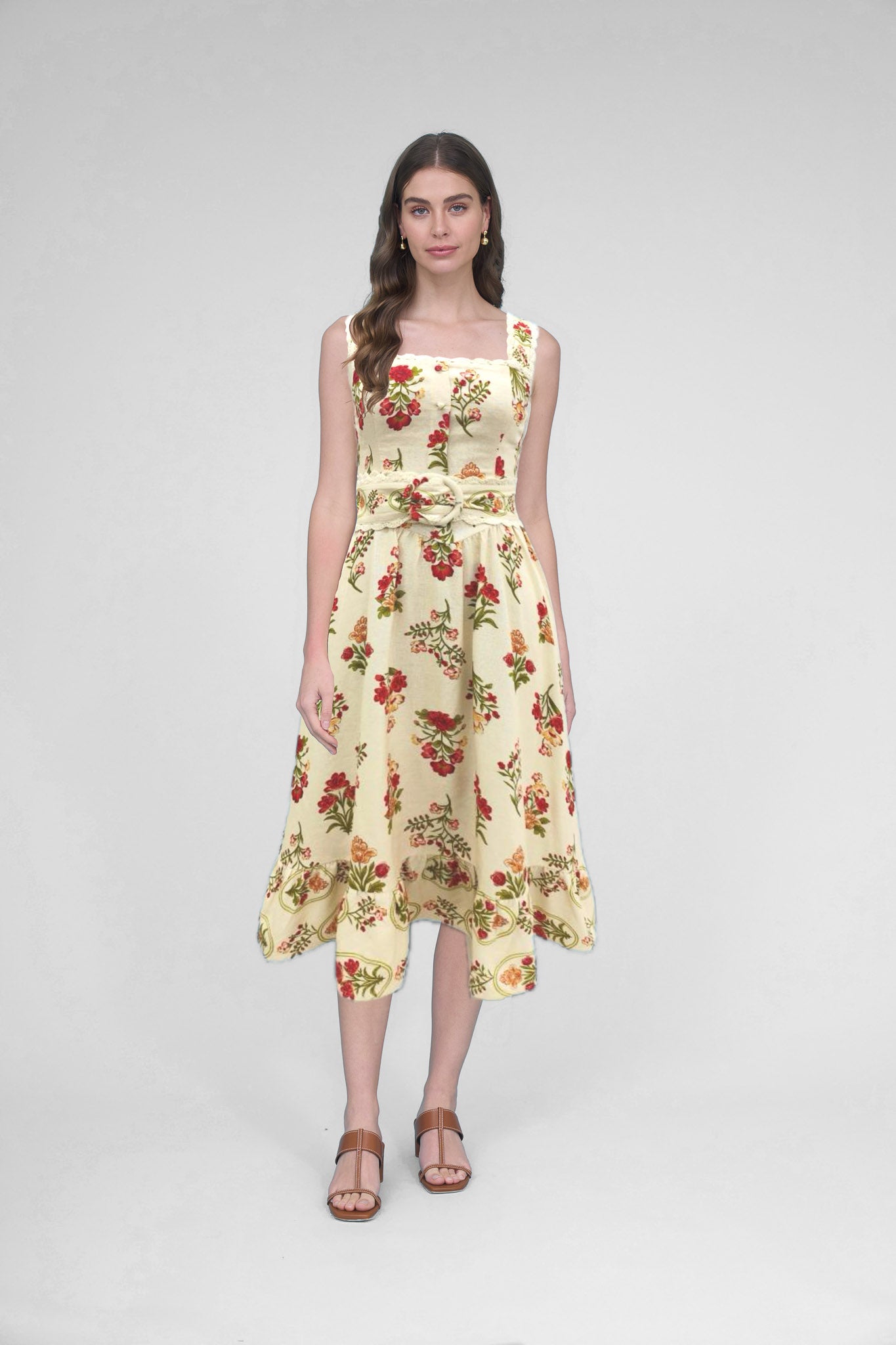 Zoe and Claire Floral Linen Belted Dress
